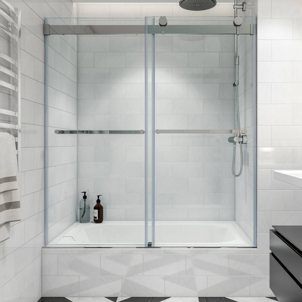 10mm Tempered Glass Frameless Shower Screen Bypass Tub Rollers Sliding Doors