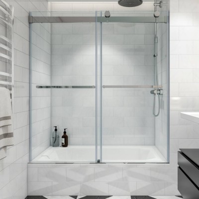 10mm Tempered Glass Frameless Shower Screen Bypass Tub Rollers Sliding Doors